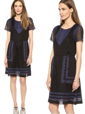 Madewell Augustin Black Embroidered Short Sleeve Dress with Blue Trim Cotton 10